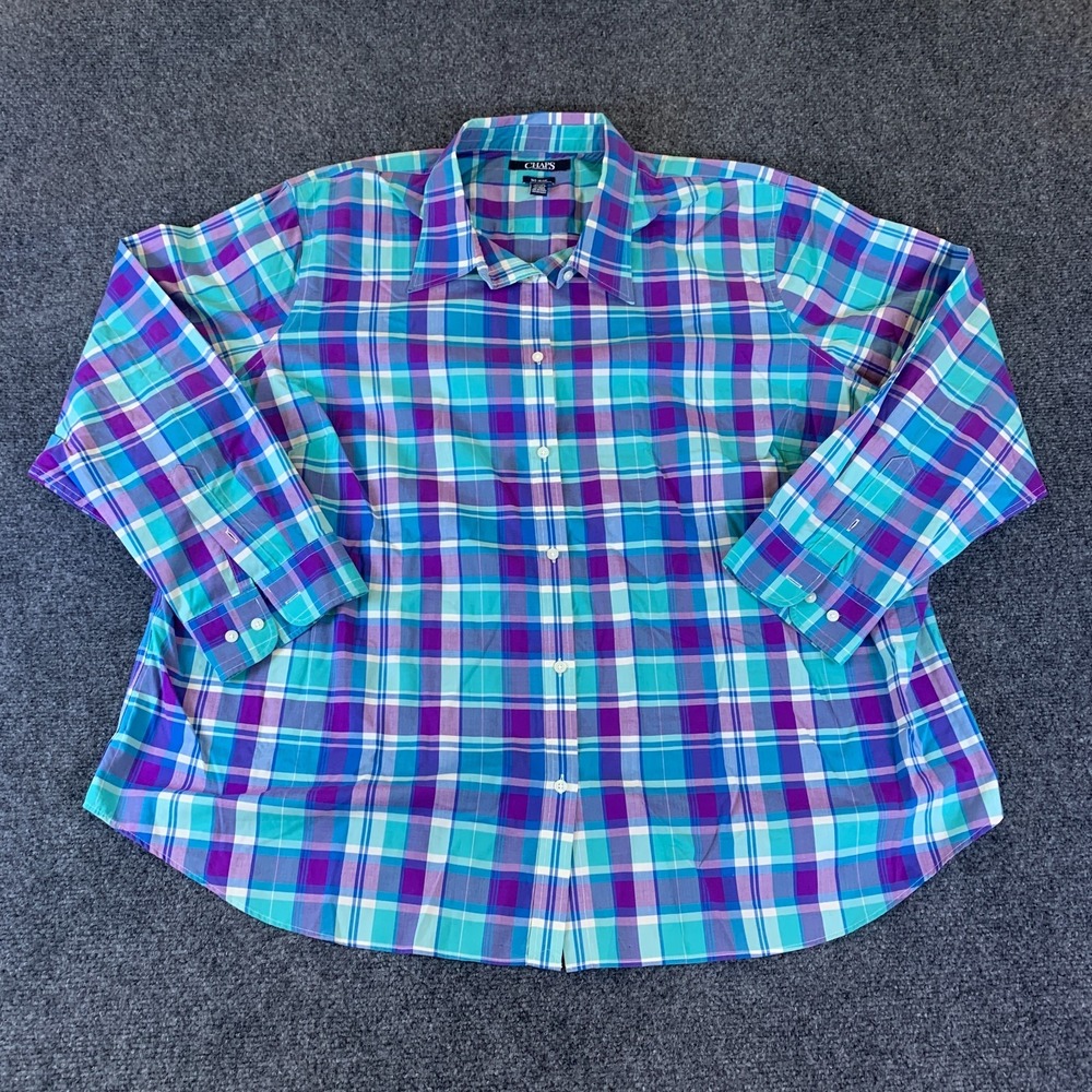 Chaps No Iron Shirt Womens 3X Multicolor Plaid Collared Button Up Long Sleeve